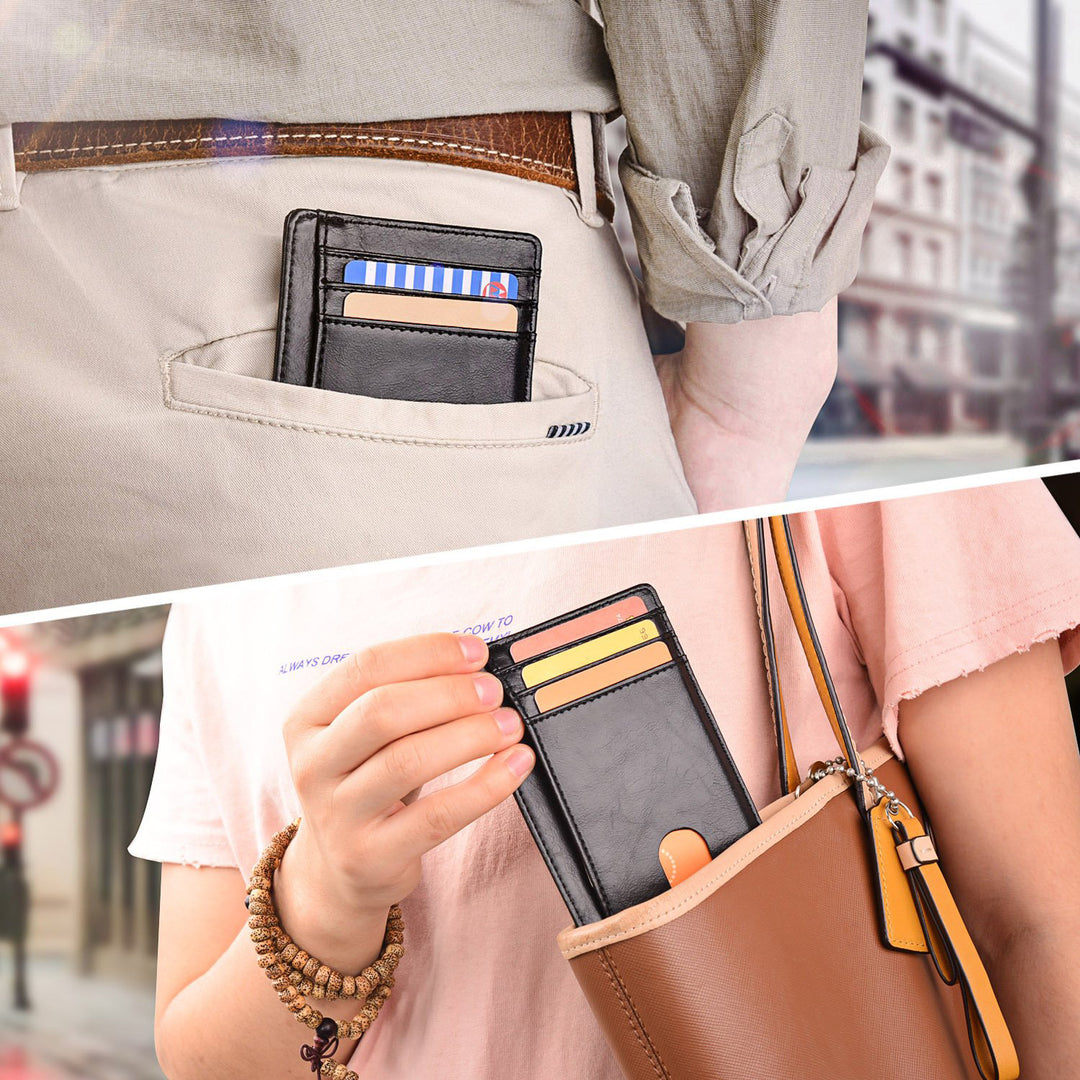 Slim Minimalist Leather Wallet with ID Window & RFID Blocking - Holds 12 Cards & Cash(Navy blue)