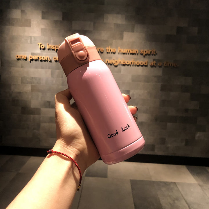 Good Luck" Mini Stainless Steel Thermos Flask - 350ml Leakproof Insulated Bottle with Pop-Up Lid & Strap(pink)"