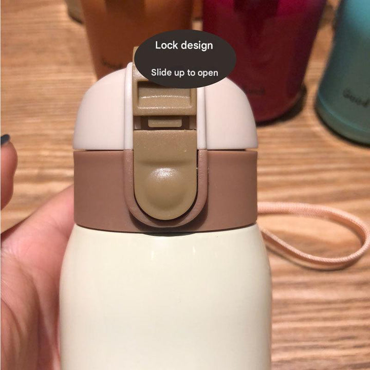 Good Luck" Mini Stainless Steel Thermos Flask - 350ml Leakproof Insulated Bottle with Pop-Up Lid & Strap(pink)"