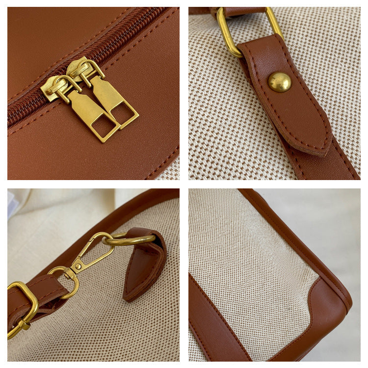 Brown Contrast Color Women's Travel Bag - Canvas & PU Leather Trim Luggage (43x27x19cm)