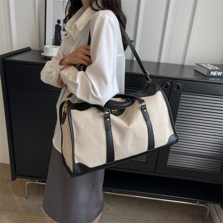 Black Contrast Color Women's Travel Bag - Canvas & PU Leather Trim Luggage (32x21x14cm)