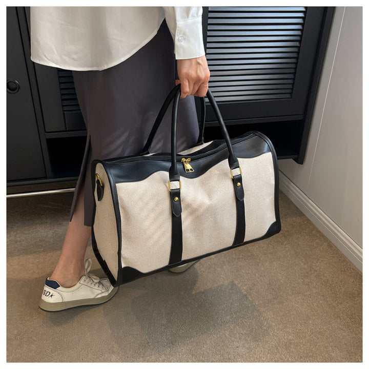 Black Contrast Color Women's Travel Bag - Canvas & PU Leather Trim Luggage (32x21x14cm)
