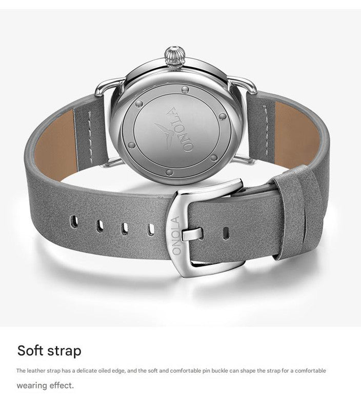 Brown belt black surface Elegant Men's Watch with Leather Band - Small Seconds, Onion Crown Detail