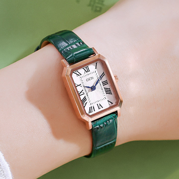 Rose gold shell, white plate, green belt Ladies Quartz Watch - Classic Rectangular, Leather Band