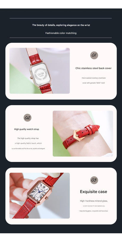 Rose gold case, white dial and black belt Ladies Quartz Watch - Classic Rectangular, Leather Band