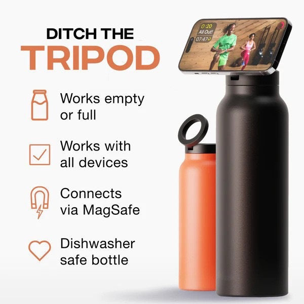 Stainless Steel Insulated Water Bottle with Integrated Magnetic Phone Stand - Black (32oz)