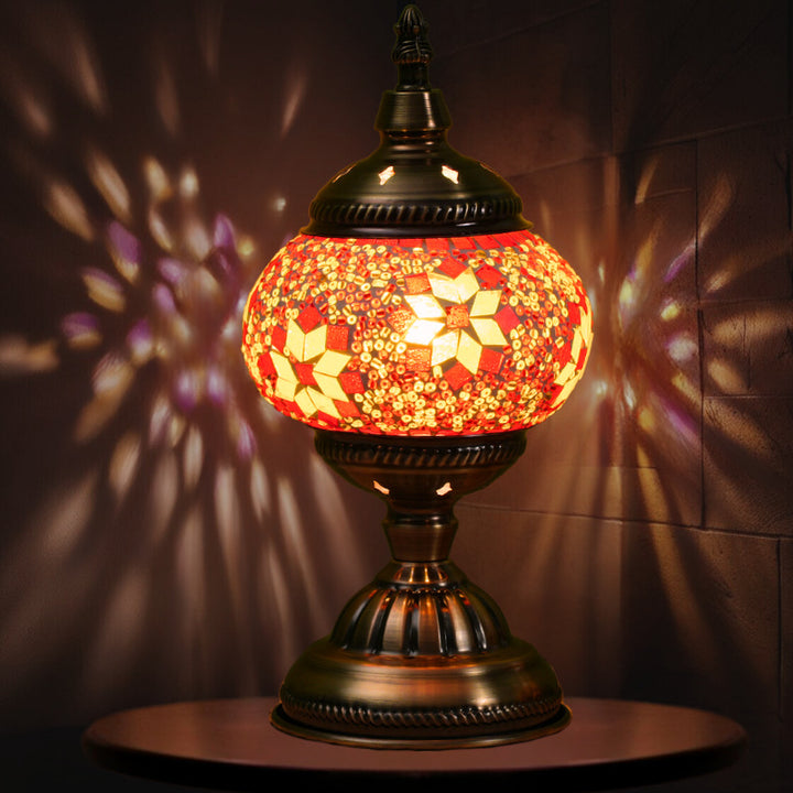 Red Exotic Mosaic Table Lamp - Handmade Turkish/Moroccan Style, 3-Color LED (Style 3)