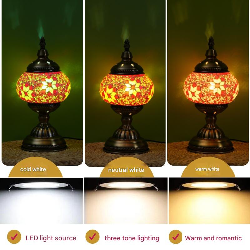 Green Exotic Mosaic Table Lamp - Handmade Turkish/Moroccan Style, 3-Color LED (Style 4)
