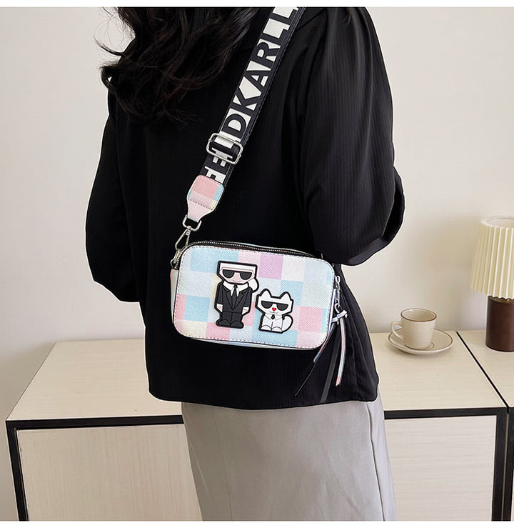 Pink plaid Unique Doodle Print PU Leather Bag - Lightweight Crossbody with Character
