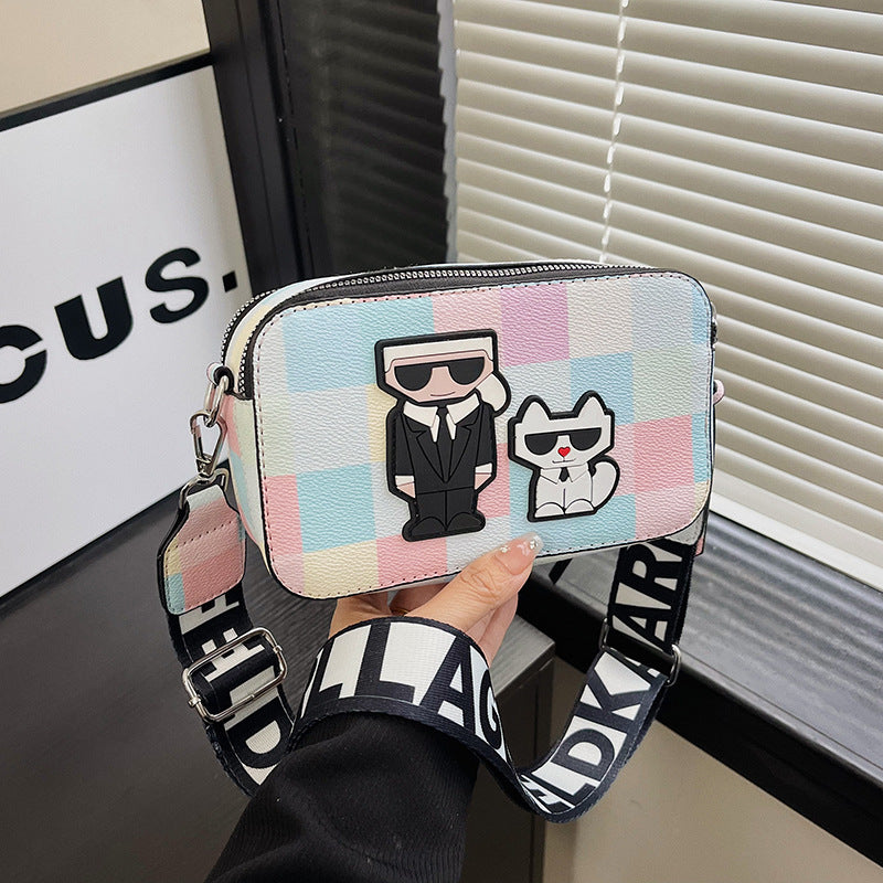 Pink plaid Unique Doodle Print PU Leather Bag - Lightweight Crossbody with Character