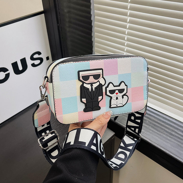 Pink plaid Unique Doodle Print PU Leather Bag - Lightweight Crossbody with Character