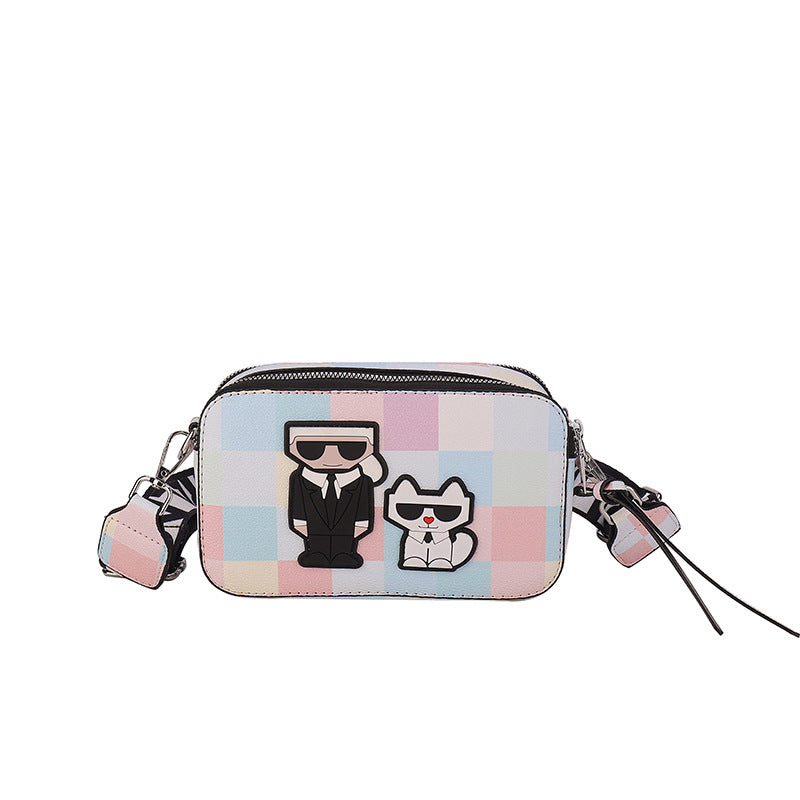 Pink plaid Unique Doodle Print PU Leather Bag - Lightweight Crossbody with Character
