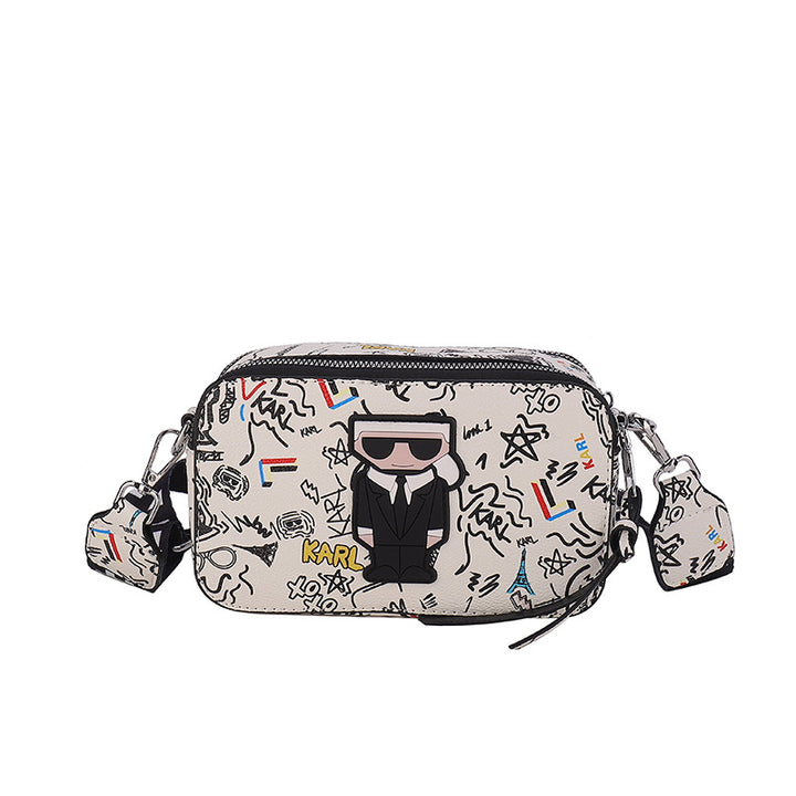 Beige Unique Doodle Print PU Leather Bag - Lightweight Crossbody with Character