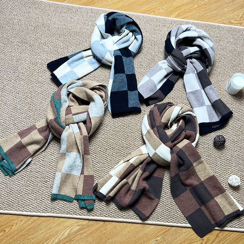 Coffee,Grey And Beige Unisex Retro Checkered Knit Scarf - Soft Thick Winter Shawl Wrap
