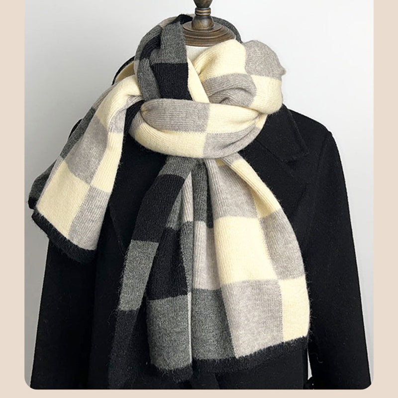 Coffee,Grey And Beige Unisex Retro Checkered Knit Scarf - Soft Thick Winter Shawl Wrap