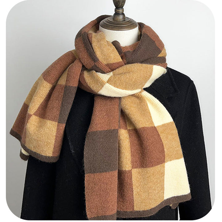 Coffee,Grey And Beige Unisex Retro Checkered Knit Scarf - Soft Thick Winter Shawl Wrap
