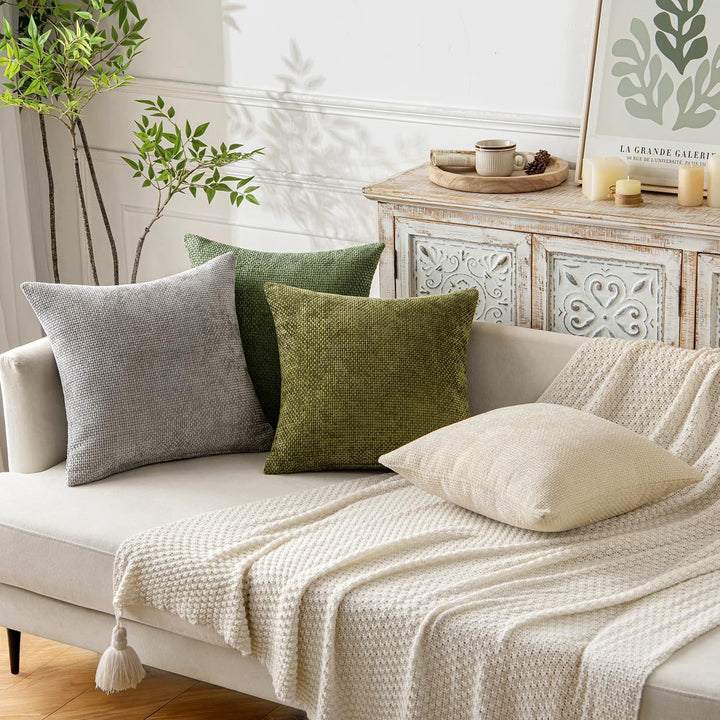 Dark Green Plush Chenille Cushion Covers Set of 2 - Soft Textured Decorative Throw Pillow Cases for Sofa Couch, 45x45cm