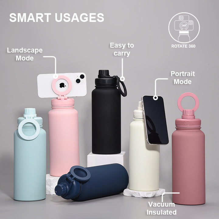 Bright Blue 1L Stainless Steel Water Bottle with Magnetic Phone Holder Lid - Portable Hydration & Hands-Free Stand