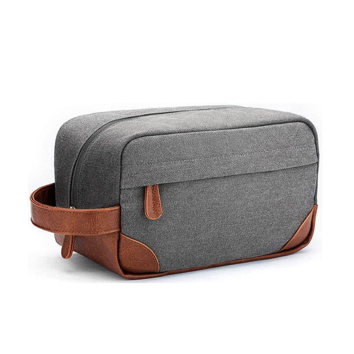 Grey And Brown Men's Canvas Toiletry Bag - Large Capacity Water-Resistant Travel Organizer Dopp Kit with Handle