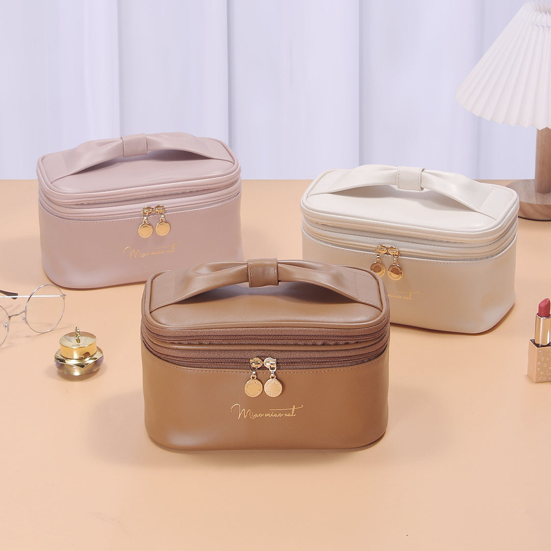 Beige Stylish PU Leather Makeup Bag - Large Capacity Double Layer Waterproof Travel Cosmetic Organizer Case for Women