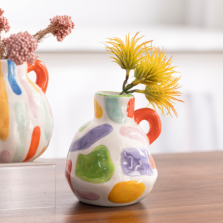 Colorful Charming Hand-Painted Ceramic Vase - Colourful Striped Jug Style Decorative Accent