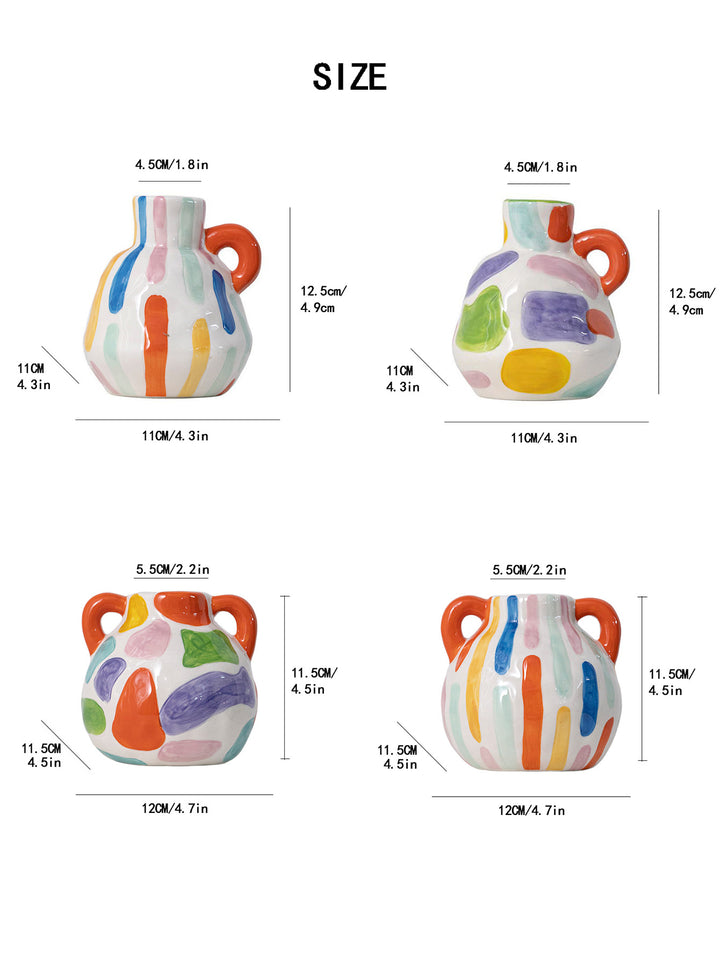 Colorful Artistic Hand-Painted Ceramic Vase - Dual Handle Pot Style - Colourful Striped Home Decor Accent
