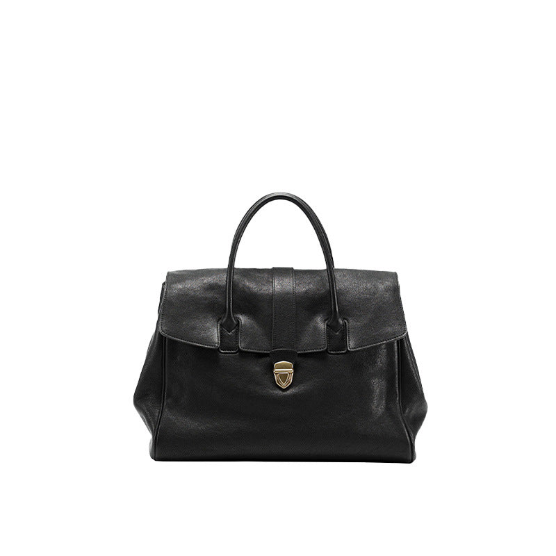 Size XL Black Elegant Women's Leather Briefcase Tote - Vintage Style Large Capacity Commuter Handbag - Premium Cowhide Leather