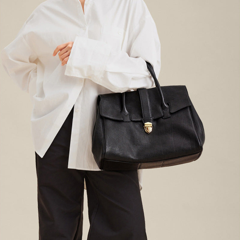 Size XL Black Elegant Women's Leather Briefcase Tote - Vintage Style Large Capacity Commuter Handbag - Premium Cowhide Leather