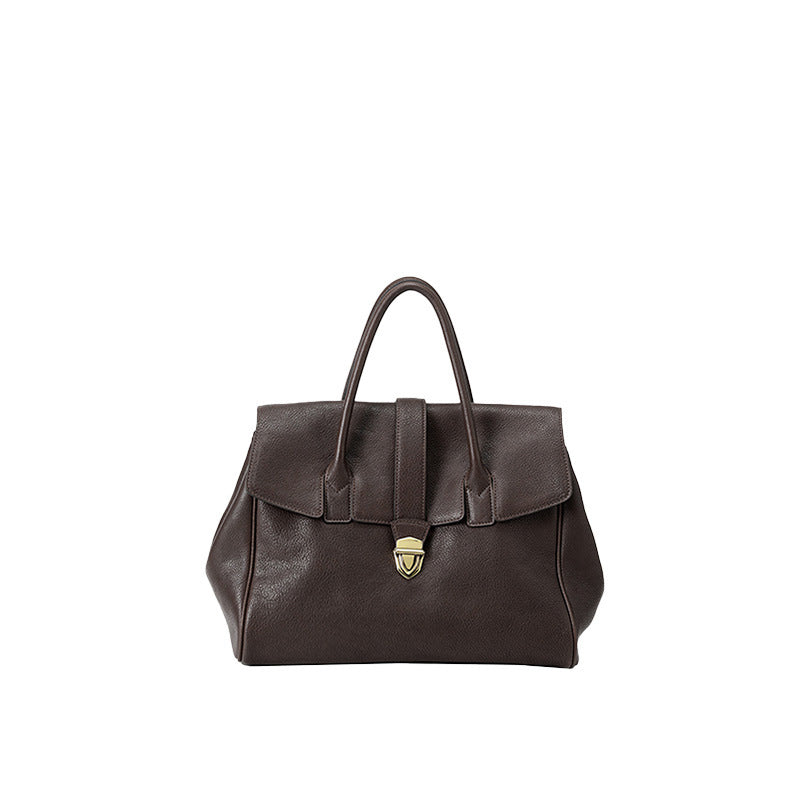 Size L Coffee Elegant Women's Leather Briefcase Tote - Vintage Style Large Capacity Commuter Handbag - Premium Cowhide Leather