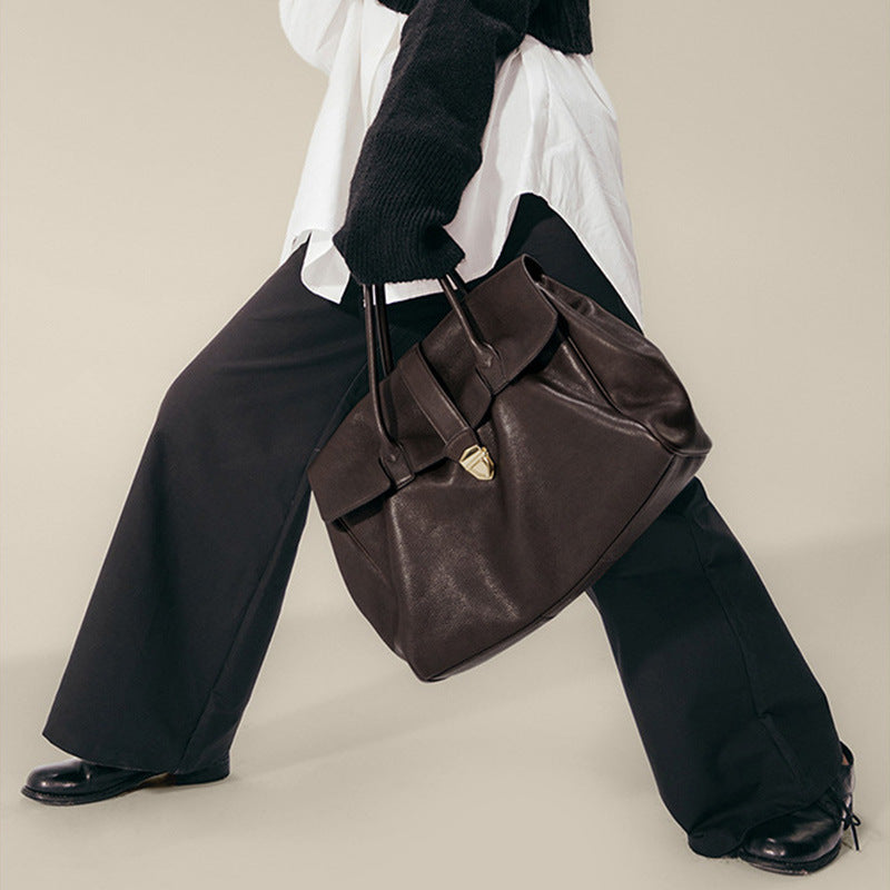 Size L Coffee Elegant Women's Leather Briefcase Tote - Vintage Style Large Capacity Commuter Handbag - Premium Cowhide Leather