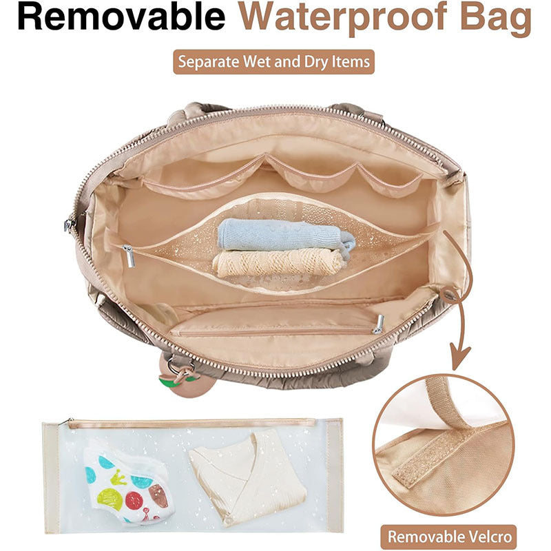 Khaki Stylish Quilted Nylon Tote Bag - Large Capacity Diaper Nappy Bag for Travel & Stroller with Adjustable Straps