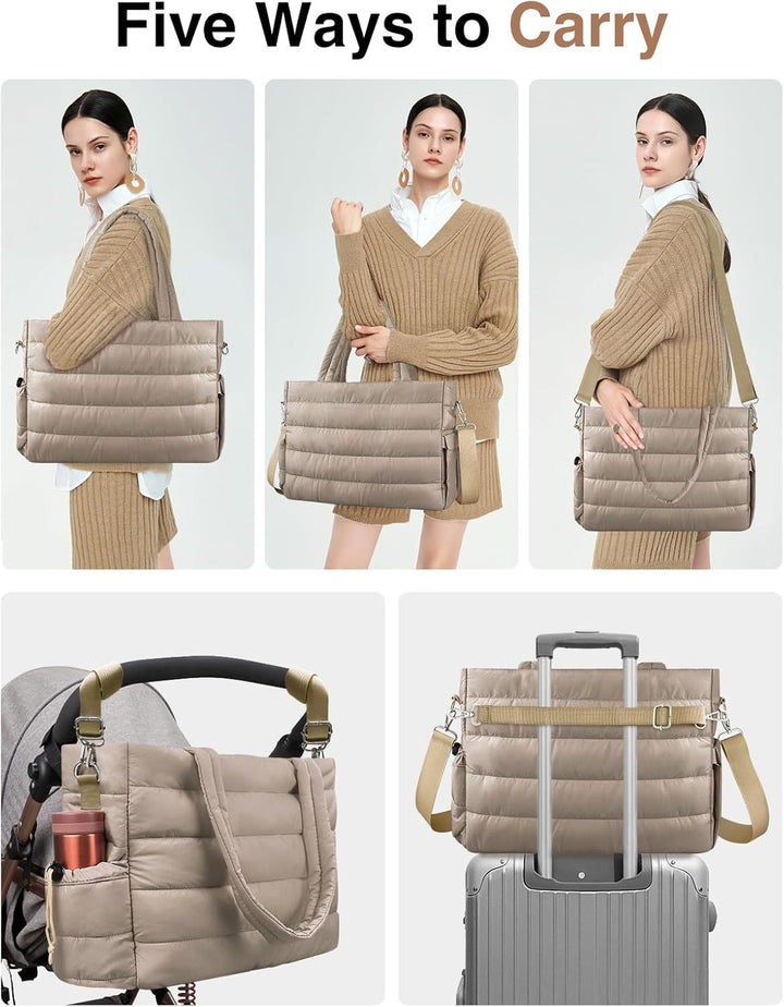 Khaki Stylish Quilted Nylon Tote Bag - Large Capacity Diaper Nappy Bag for Travel & Stroller with Adjustable Straps