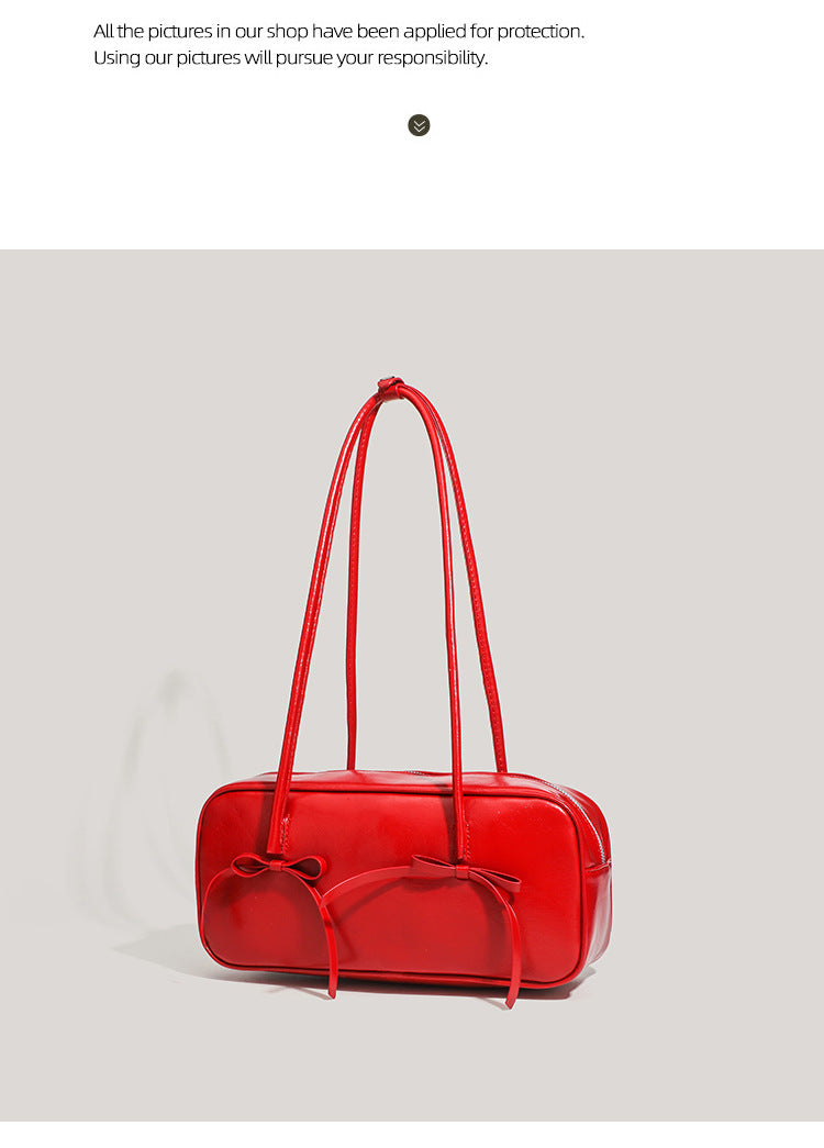 Red Chic PU Leather Baguette Shoulder Bag - Elegant Bow Accent Underarm Handbag for Women