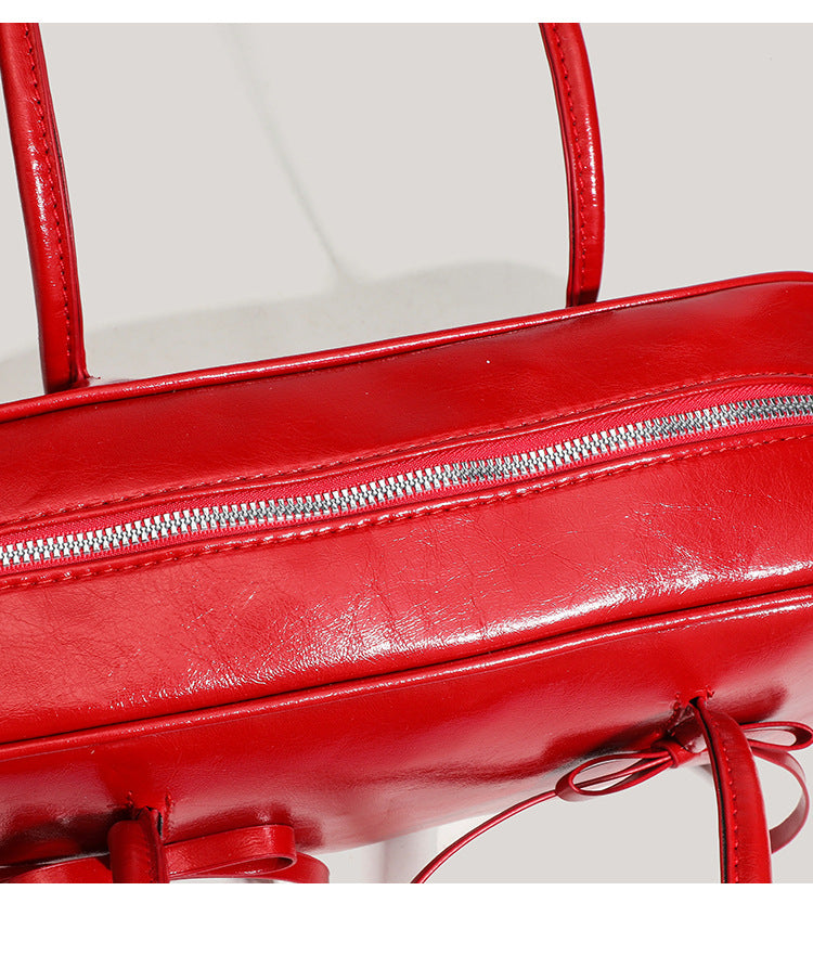 Red Chic PU Leather Baguette Shoulder Bag - Elegant Bow Accent Underarm Handbag for Women