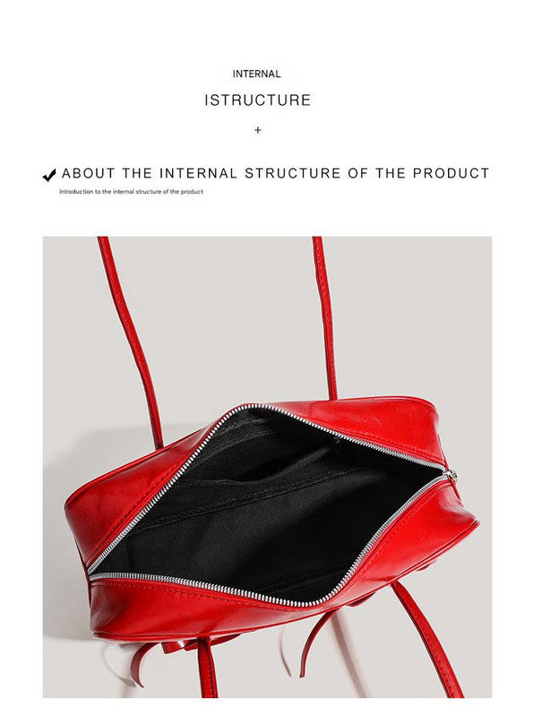 Red Chic PU Leather Baguette Shoulder Bag - Elegant Bow Accent Underarm Handbag for Women