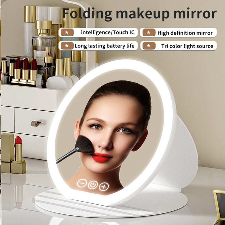 Pink Large Round Foldable LED Makeup Mirror - 22cm Desktop Vanity with 3 Color Lights & Stepless Dimming