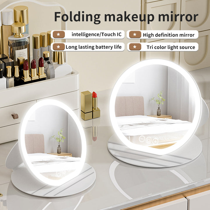 Pink Large Round Foldable LED Makeup Mirror - 22cm Desktop Vanity with 3 Color Lights & Stepless Dimming
