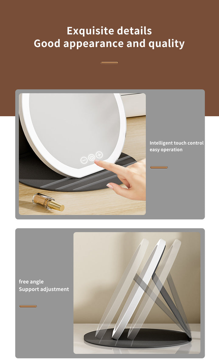 Pink Large Round Foldable LED Makeup Mirror - 22cm Desktop Vanity with 3 Color Lights & Stepless Dimming