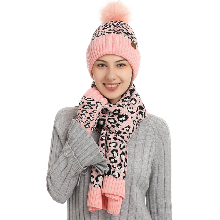 Pink Women's Leopard Print Winter Warm Knit Set - 3 Piece Fleece Lined Hat, Scarf & Gloves