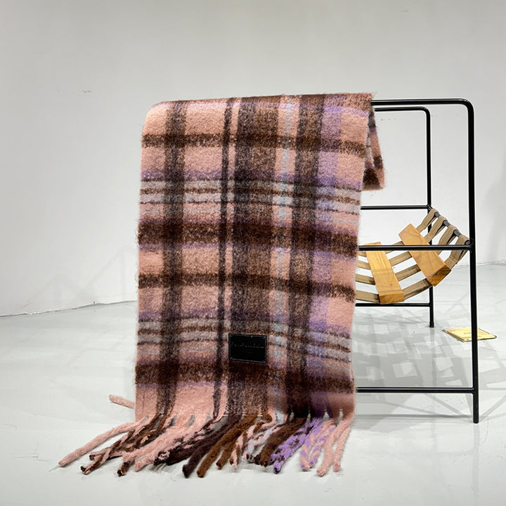 Purple-pink Plaid Color-Block Women's Scarf - Autumn/Winter Thick Warm Neck Wrap with Tassels