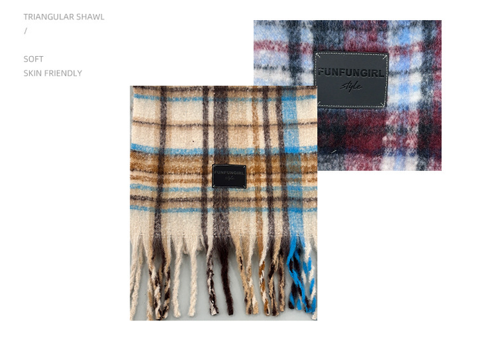 Grey-white Plaid Color-Block Women's Scarf - Autumn/Winter Thick Warm Neck Wrap with Tassels