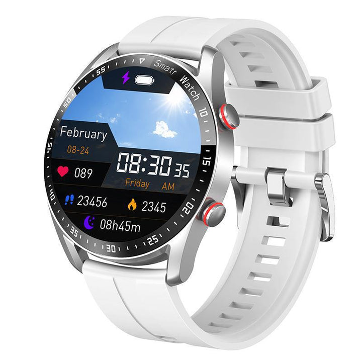 Silver Silicone Business Smartwatch with ECG and PPG Monitoring and Stainless Steel Strap