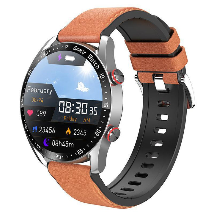 Silver Silicone +22MM Brown Mitsubishi Steel Strip Business Smartwatch with ECG and PPG Monitoring and Stainless Steel Strap
