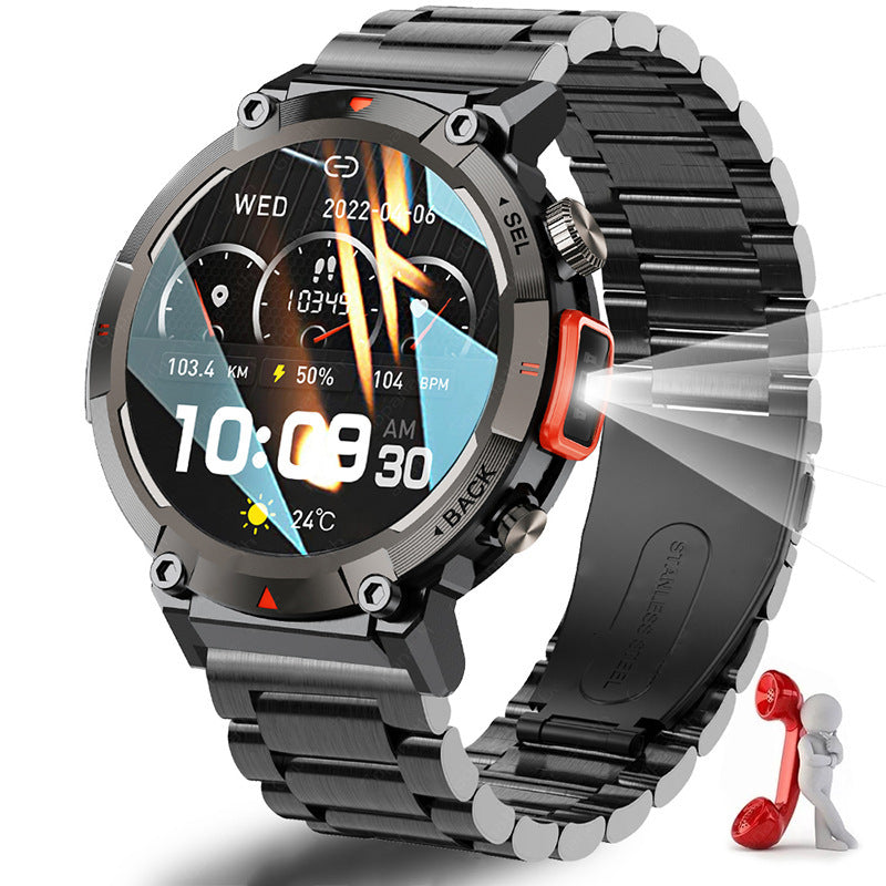 Black-red Steel Belts Outdoor Smartwatch with 1.45-Inch HD Round Screen and Flashlight