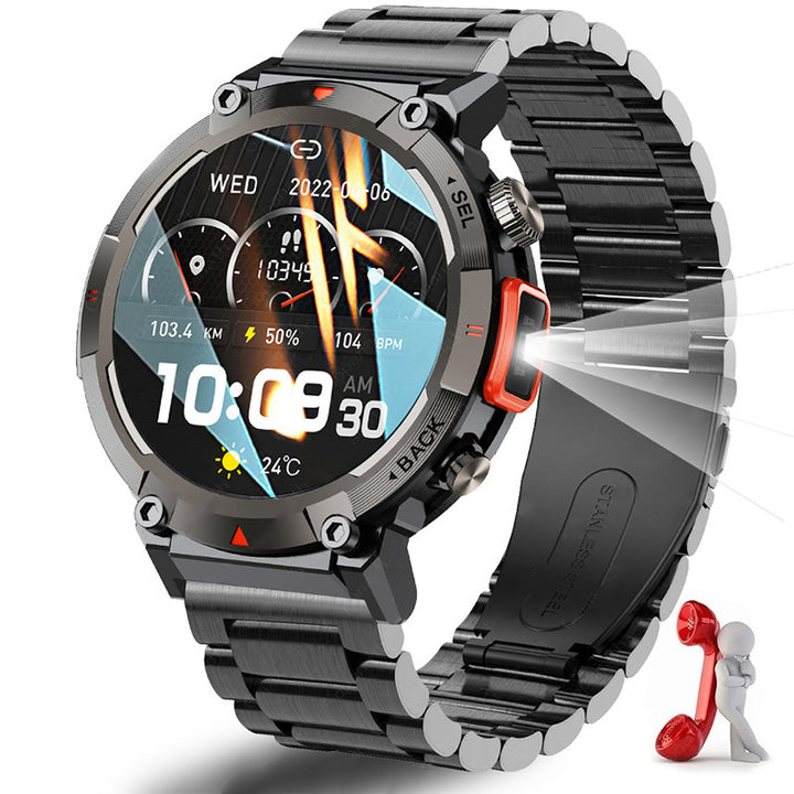 Black-red Steel Belts Outdoor Smartwatch with 1.45-Inch HD Round Screen and Flashlight