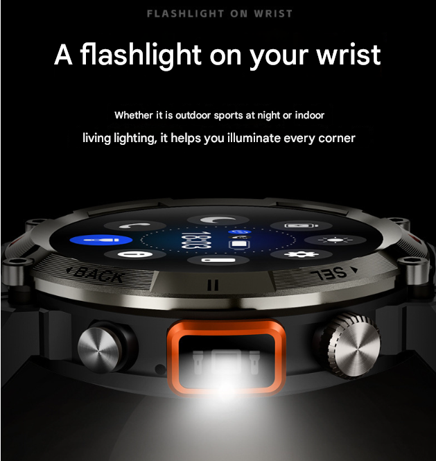 Black Steel Belts Outdoor Smartwatch with 1.45-Inch HD Round Screen and Flashlight