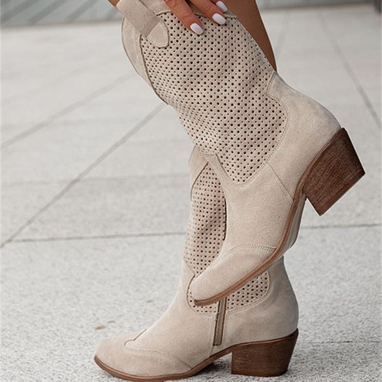 Women's Mid-heel Mesh Suede Boots in Beige | Confetti Livng