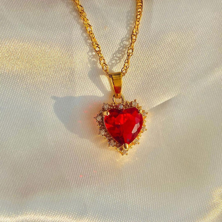 Colourful Rhinestones Heart Necklace With Gold Chain in Red | Confetti Living