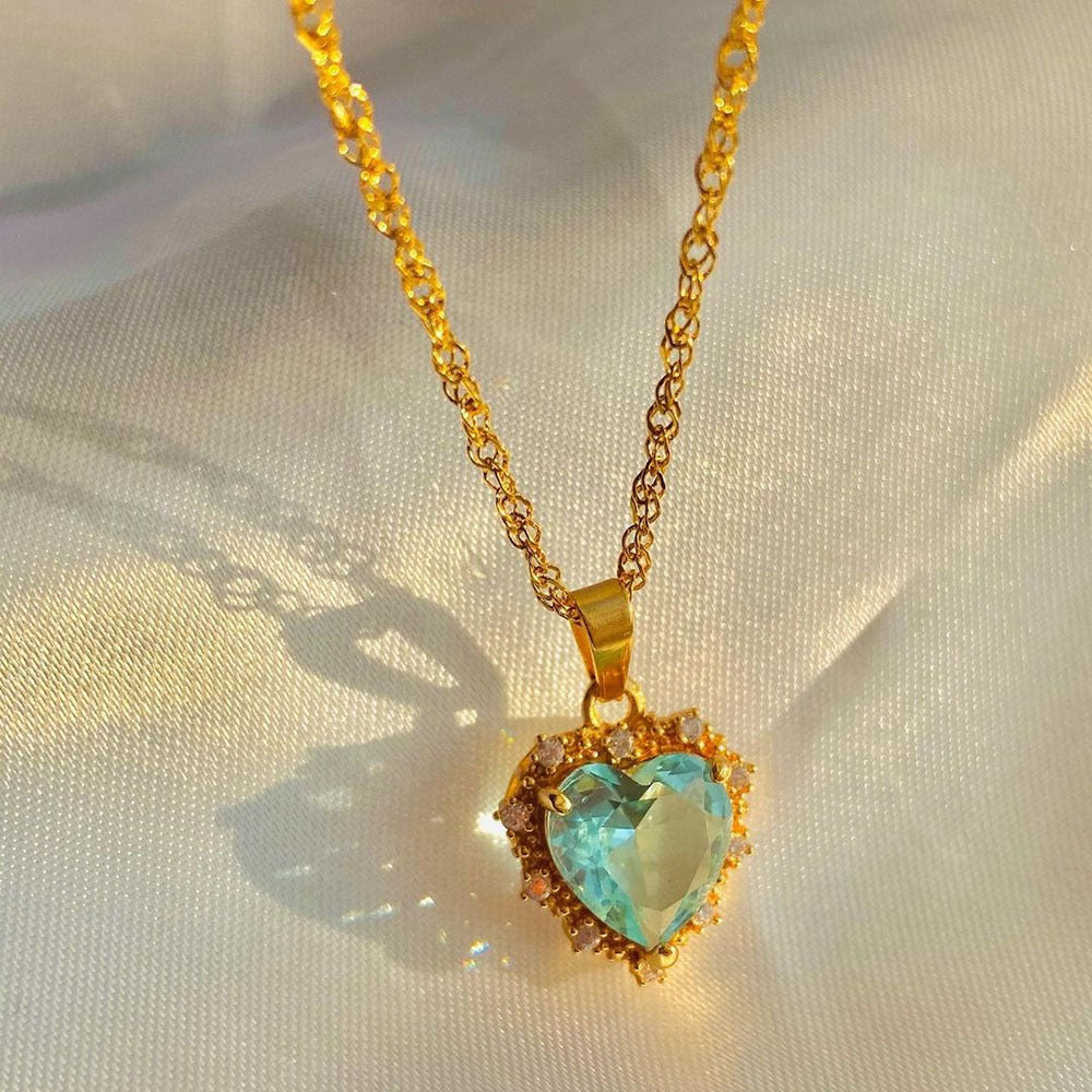 Colourful Rhinestones Heart Necklace With Gold Chain in Light Blue | Confetti Living