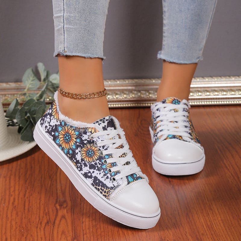 Women's Flower Design Versatile Canvas Shoes showing Black Chrysanthemum Design | Confetti Living